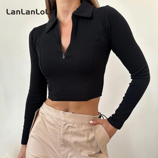 Lanlanlolo เสื้อท็อปส์ลําลอง แขนยาว คอปก มีซิป เข้ารูป สีพื้น เข้ากับทุกการแต่งกาย แฟชั่นสําหรับสตรี 2023