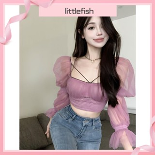 [Littlefish] เสื้อเชิ้ตแขนยาว ผ้าชีฟอง หรูหรา สไตล์แฟรี่ สําหรับผู้หญิง