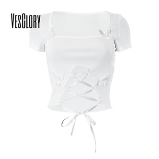 Vesglory เสื้อครอปท็อป คอกลม แขนสั้น เข้ารูป สีพื้น แฟชั่นสําหรับผู้หญิง 2023