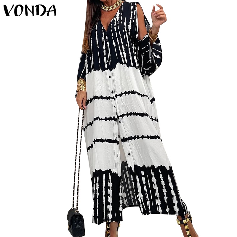 Vonda ชุดเดรสยาว คอวี แขนยาว พิมพ์ลาย สไตล์วินเทจ สําหรับสตรี