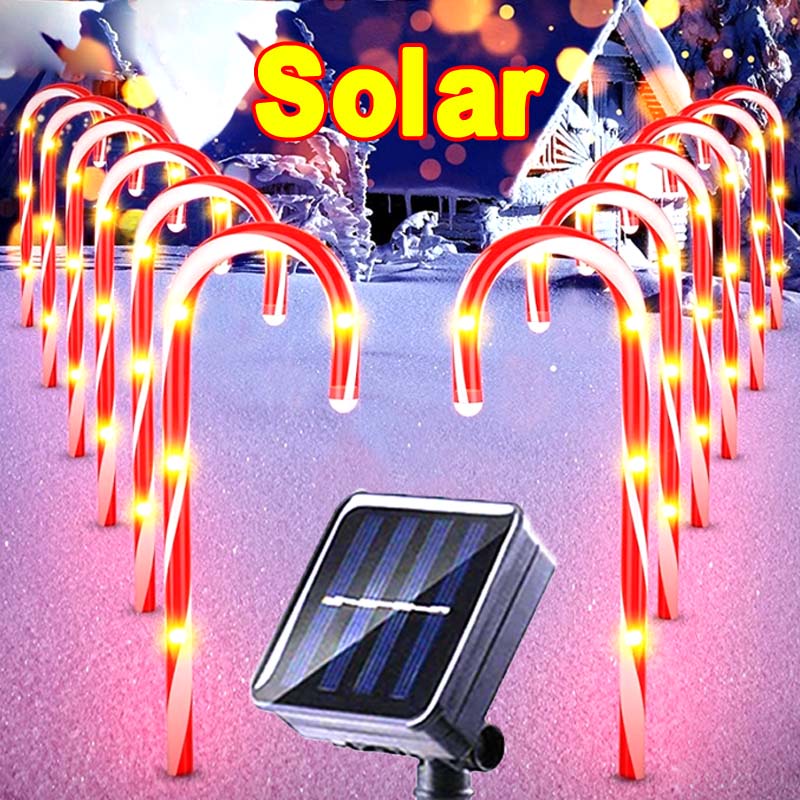 ไฟตกแต่งคริสต์มาส โคมไฟพลังงานแสงอาทิตย์สวนไฟอ้อยขนมพลังงานแสงอาทิตย์ LED โคมไฟสนามหญ้าพลังงานแสงอาทิตย์ไฟสตริง LED พวงมาลัยเส้นทางภูมิทัศน์แสงกันน้ําตกแต่งต้นคริสต์มาส