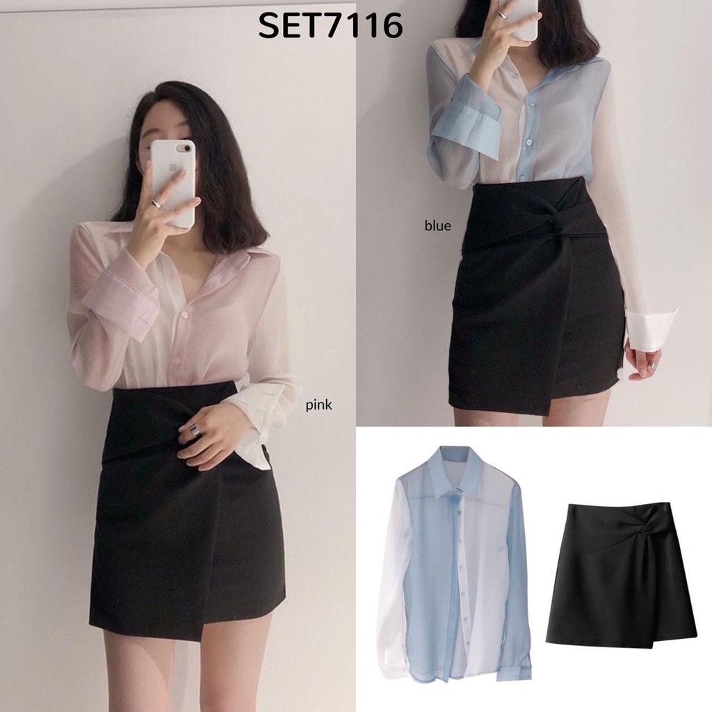 [FG] Duo Tone Shirt with Knot Mini Skirt Set SET7116