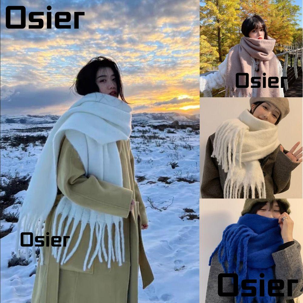 Osier1 ผ้าพันคอ ผ้าคลุมไหล่ ผ้าแคชเมียร์ แบบยาว ประดับพู่ แบบนิ่ม ให้ความอบอุ่น สีพื้น หรูหรา แฟชั่นฤดูหนาว สําหรับผู้หญิง