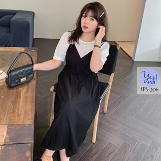 ชุดเดรสยาวสาวอวบ อก 38-50 นิ้ว เดรสเอี๊ยมหลอก เอวรูดได้ 2 ข้าง สีดำขาว YPS-206
