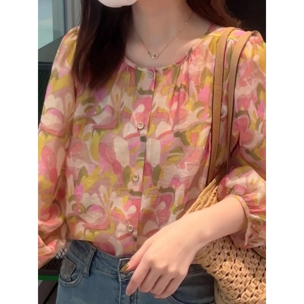 ทพร้อมส่ง!เสื้อเชิ้ตแขนยาวลายดอก ผ้าชีฟองทรงหลวม สไตล์เกาหลี ฝรั่งเศส พลัสไซส์ เหมาะใส่วันสงกรานต์ ผ้าเบาสบาย