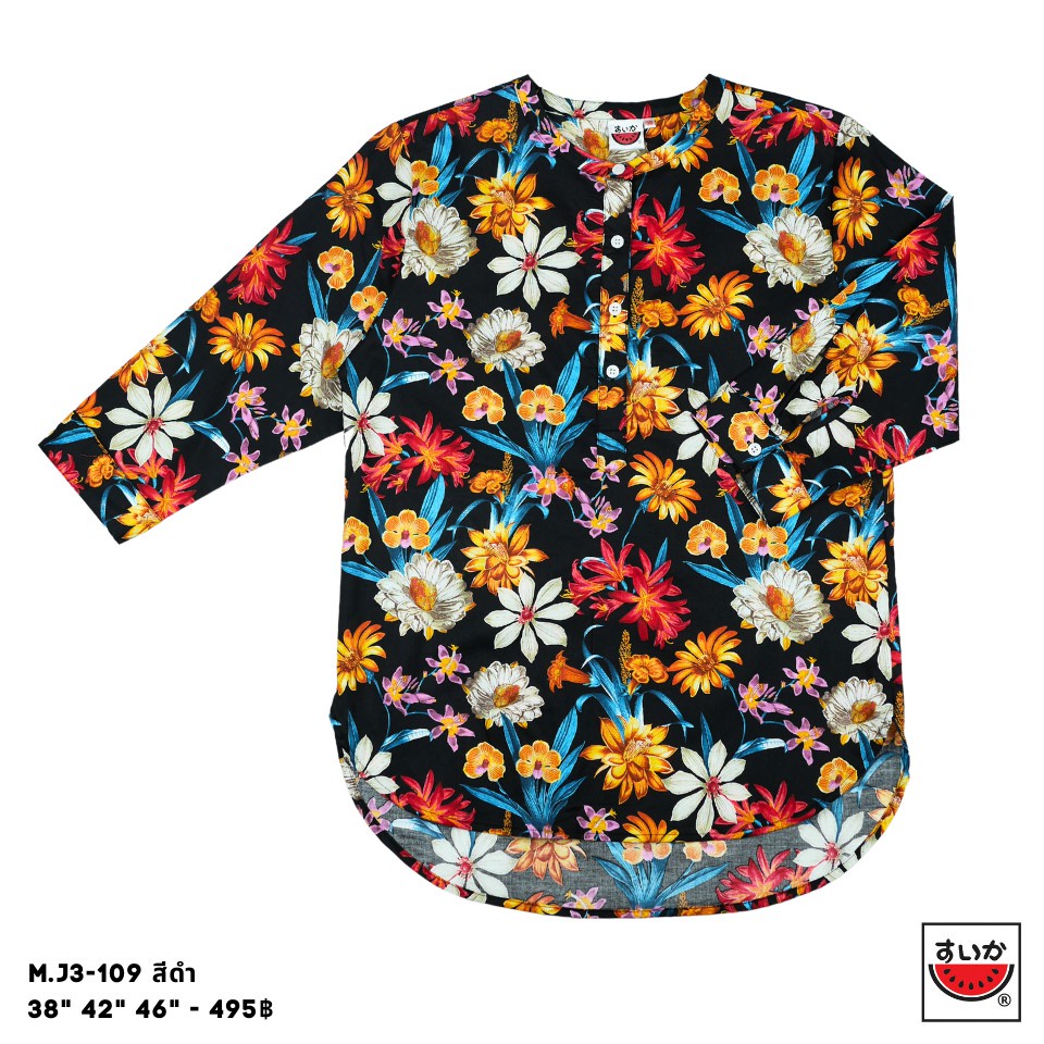เสื้อแตงโม (SUIKA) - เสื้อผ้าป่านมัสลิน คอจีนเล็ก กระดุมหน้า 4 เม็ด แขนสามส่วน ลายดอกไม้ ( M.J3-109 )