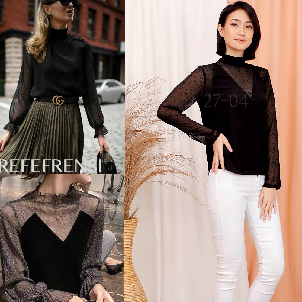 เสื้อเบลาส์สตรีแขนยาว MockNeck/คอปกสูงสีดํา (HMB353 MOCK SHEER BLACK)