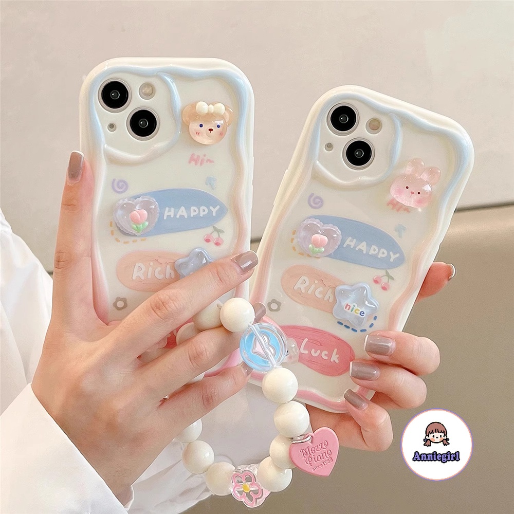 เคสโทรศัพท์มือถือนิ่ม ปิดด้านหลัง ป้องกันเลนส์ ประดับลูกปัดกระต่าย 3D พร้อมสายคล้อง สไตล์เกาหลี สําหรับ Iphone 11 13 12 14 Pro Max 7 8 Plus