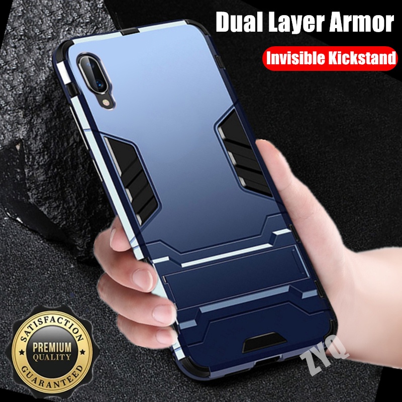 สําหรับ Huawei Y6 Pro 2019 MRD-LX2 เกราะสองชั้นเสริมเคสโทรศัพท์กันกระแทกพร้อมขาตั้งที่มองไม่เห็นฝาหล