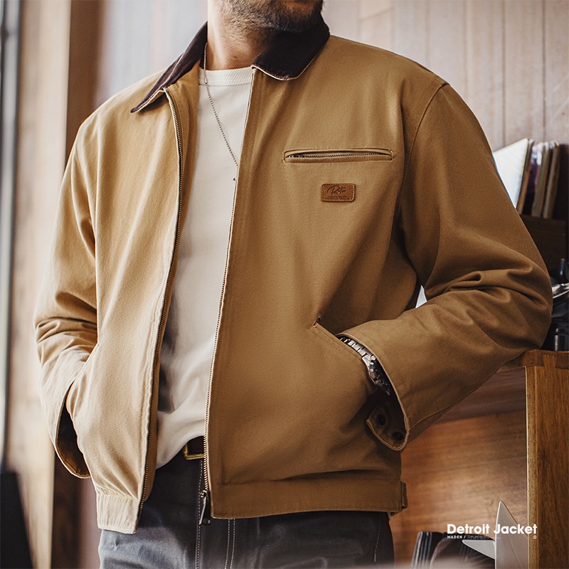 เสื้อแจ็กเก็ต คอปก ผ้าแคนวาส ลาย Ami สีกากี แฟชั่นฤดูใบไม้ร่วง สไตล์อเมริกันเรโทร สําหรับผู้ชาย