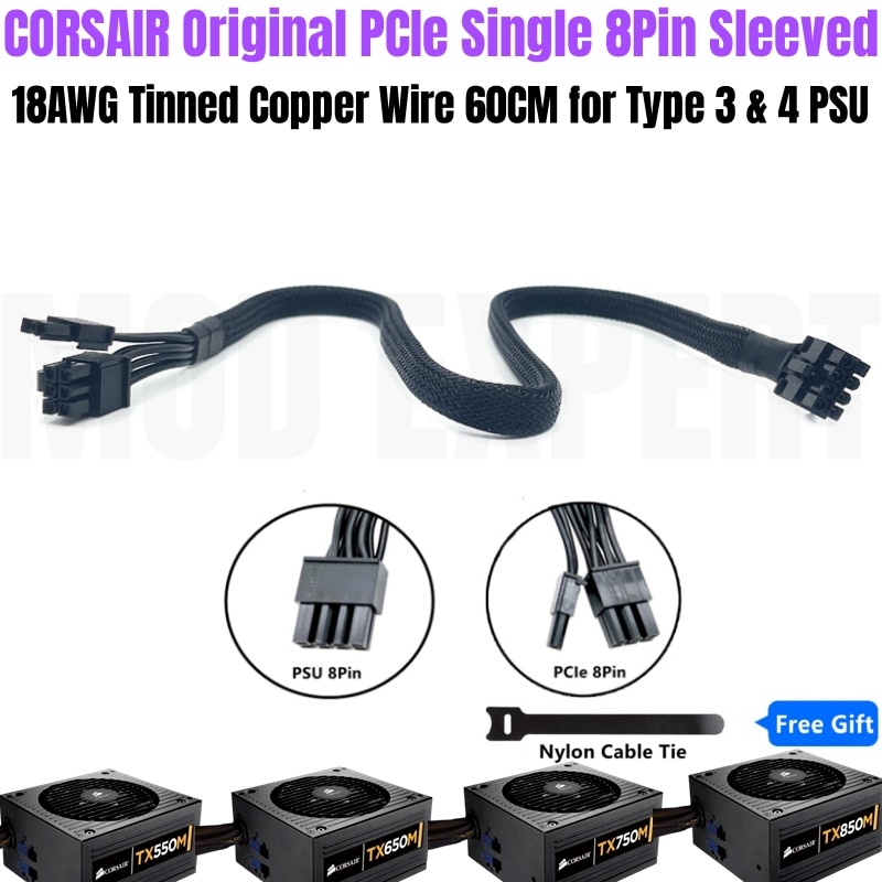 CORSAIR GPU VGA สายไฟ 8Pin to PCIe 6 + 2Pin Sleeved สําหรับ TX850M TX750M TX600M TX550M ประเภท 3 Mod