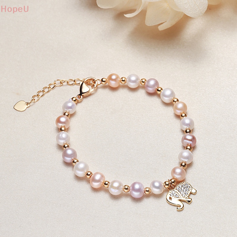 [HopeU] สร้อยข้อมือ ประดับเพทาย ไข่มุก รูปช้างน่ารัก ปรับได้ เครื่องประดับเจ้าสาว สําหรับผู้หญิง