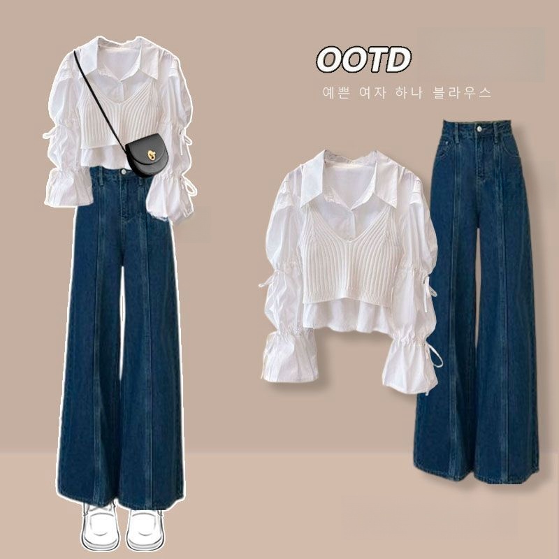 ใหม่ ชุดเซท3ชิ้น เสื้อกั๊กถัก+เสื้อ+ยีนส์ สีหวาน น่ารักมากก