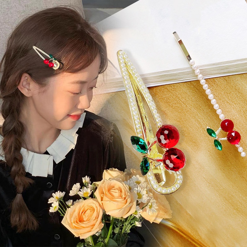 กิ๊บติดผม ประดับไข่มุก และพลอยเทียม สีแดง สไตล์เกาหลี และญี่ปุ่น