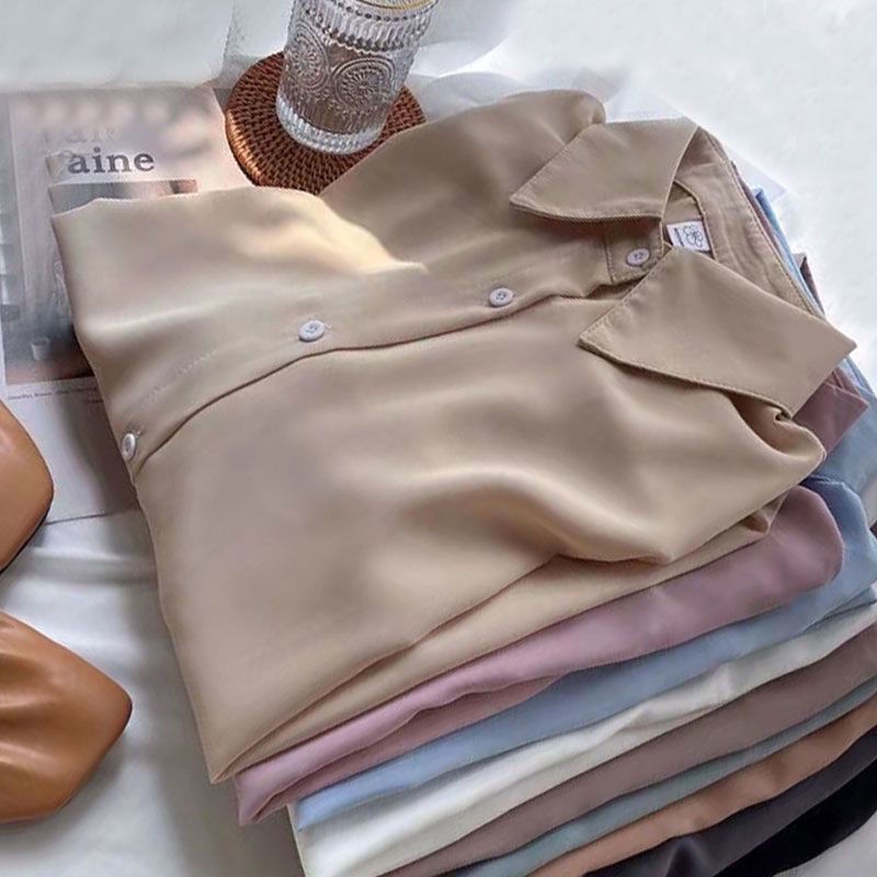 Morandi เสื้อเชิ้ตสีทึบแขนยาวสําหรับผู้หญิงฤดูใบไม้ผลิเสื้อเชิ้ตลําลองทรงหลวมอเนกประสงค์เรียบง่ายด้านบน