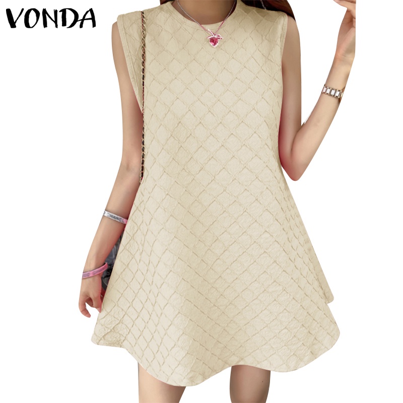 Vonda ชุดเดรส คอกลม แขนกุด ลายสก๊อต สีพื้น สไตล์เกาหลี สําหรับผู้หญิง