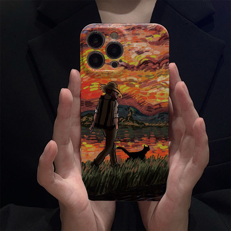 Van Gogh และ Cat Feilin Shell Apple 15/16promax เคสโทรศัพท์ Iphone14 รวมทุกอย่าง Fine Hole 13promax/12 เคสแข็ง