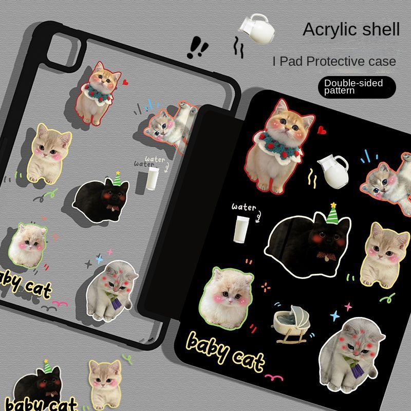 สําหรับเคส iPad Gen9 Gen10 Air5 เคสอะคริลิค iPad Gen8 Gen 7 การ์ตูนแมวน่ารัก Air4 Air5 เคสไอแพด 11pro 2022 2021 Gen5 Gen6 Air3 10.5 ป้องกันการตก และที่ใส่ปากกา ป้องกันการงอ