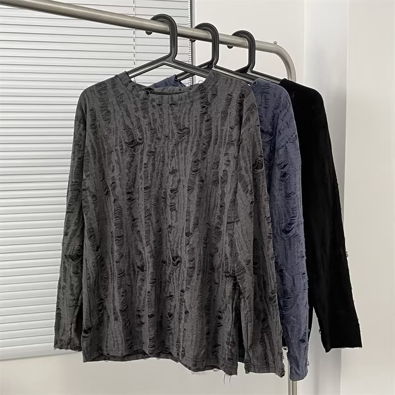 Hollow Hollow Hollow เสื้อยืดแขนยาวผู้ชายฤดูใบไม้ร่วงฤดูหนาวอเมริกัน Retro High-End Top อินเทรนด์สบายๆภายใน Bottoming เสื้อ M-3XL