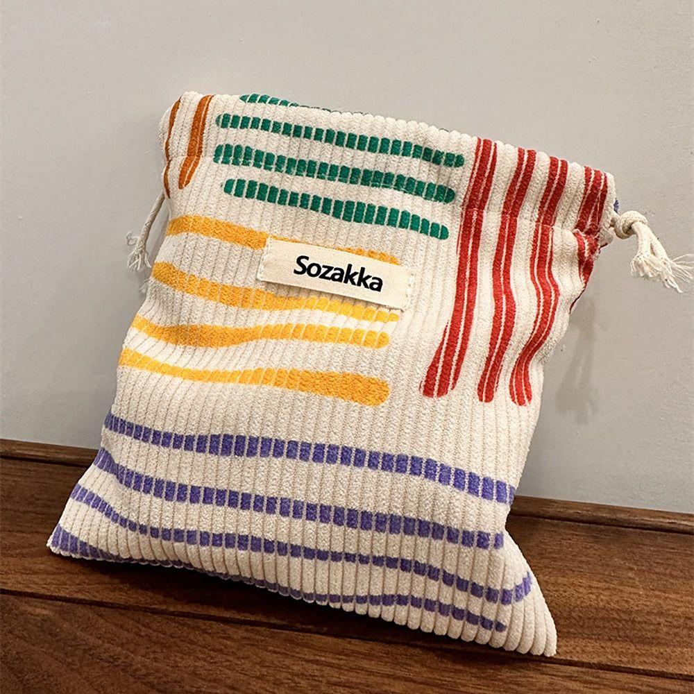 Mih Corduroy Drawstring Bag, Color Line Coin Purse Vintage Drawstring Pocket, 2024 Pastoral วรรณกรรมสไตล์เครื่องประดับกระเป๋าผู้หญิงสุภาพสตรี