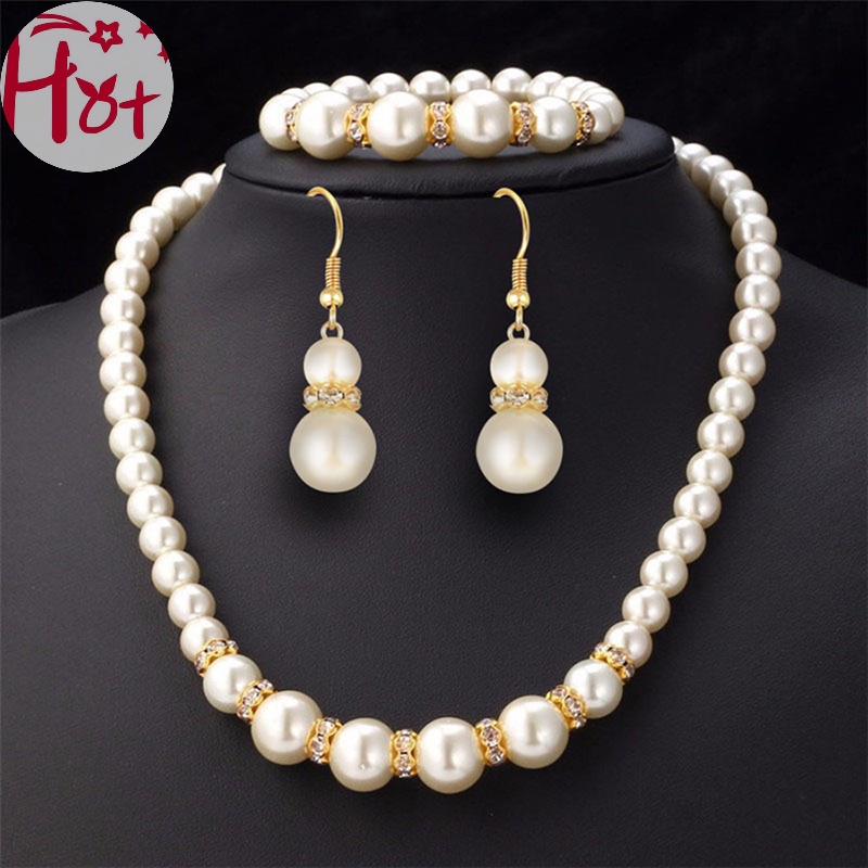 Ge 3in1 ชุดสร้อยคอมุกจําลอง หรูหรา ต่างหู สร้อยข้อมือ สร้อยคอยาว ผู้หญิง เจ้าสาว เครื่องประดับจัดงานแต่งงาน ของขวัญ สี่เหลี่ยม