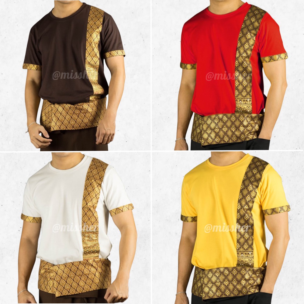 เสื้อยืดคอกลมแต่งผ้าพิมพ์ลายไทย ใส่ได้ทั้งชายและหญิง