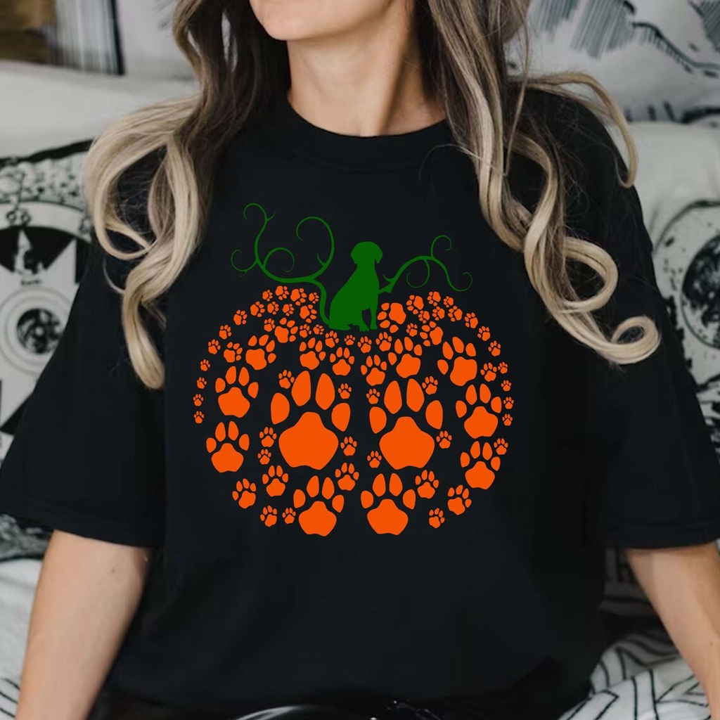 %UQ67%HALLOWEN  Paw Print Shirt Pumpkin Dog Shirt Retro Pumpkin เสื้อยืดฮาโลวีน1018