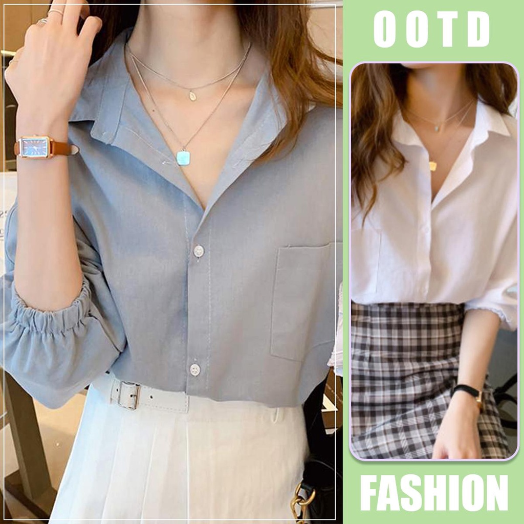 MIMI&DIDI.เสื้อแขนยาว เสื้อเชิ้ตผู้หญิง แฟชั่น สไตล์เกาหลี POLO ปก สีทึบW284