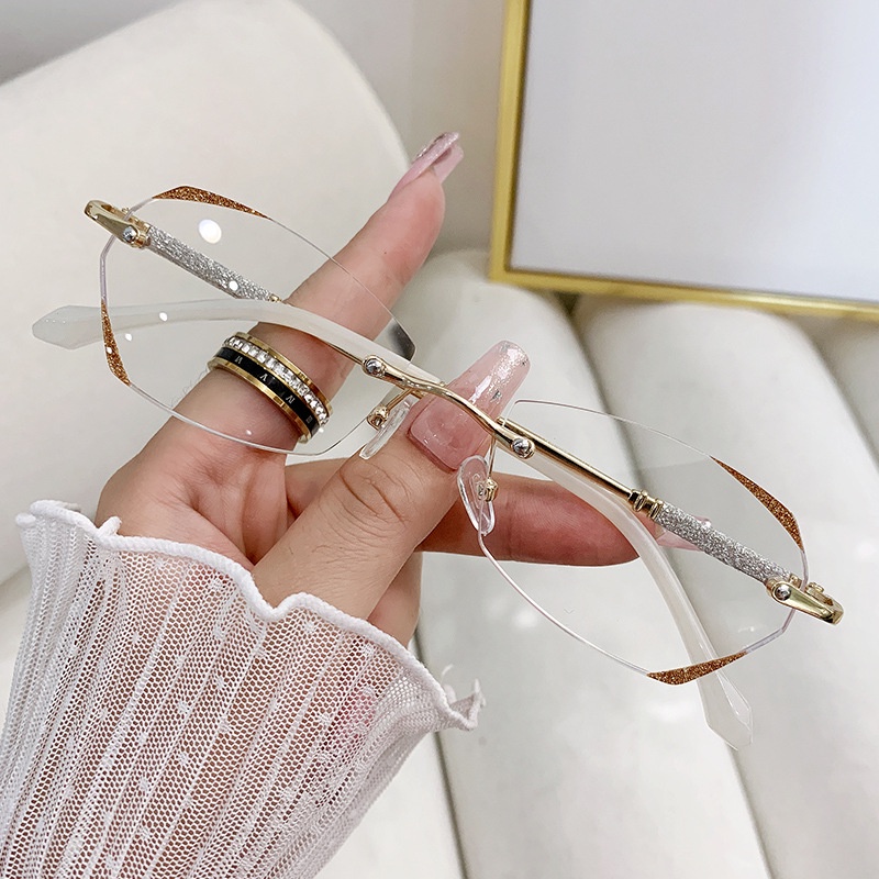 สไตล์ใหม่ Diamond Cut Edge Frameless สายตาสั้นแว่นตา Starlight Fine กระพริบแว่นตาอินเทรนด์หญิงแฟชั่น All-Match Anti-Blue 532