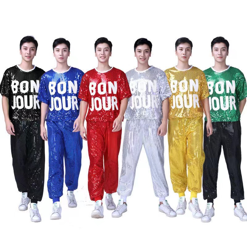 เสื้อยืดแขนสั้น ประดับเลื่อม และกางเกง ขนาดใหญ่ สีทอง แวววาว เหมาะกับใส่เต้นรํา เครื่องแต่งกาย สําหรับผู้ชาย
