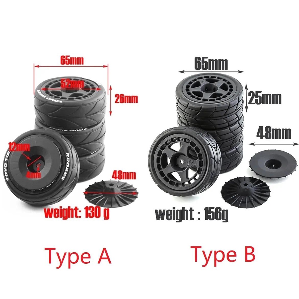 KKRC 4 ชิ้น 65 มิลลิเมตรยางล้อ Tyre 12 มิลลิเมตร Hex สําหรับ Tamiya TT01 TT01E TT02 XV01 TA06 PTG-2 