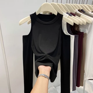 Bh เสื้อยืดแขนยาว คอกลม ผ้าฝ้าย เปิดไหล่ ทรงเข้ารูป สไตล์เกาหลี สําหรับผู้หญิง
