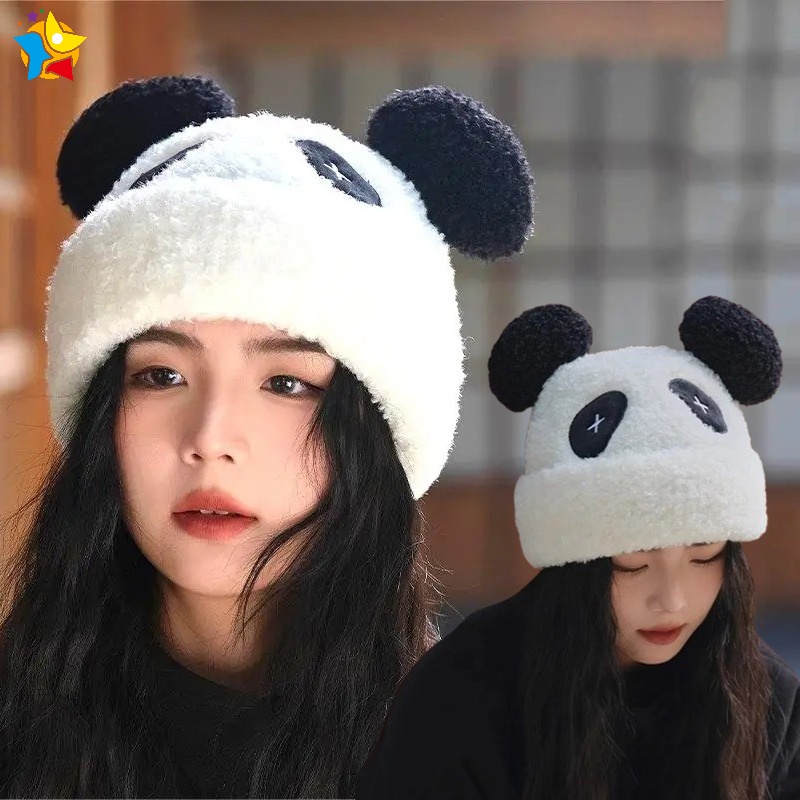 หมวกสกี ขนปุยนิ่ม หนา แต่งหูแพนด้าน่ารัก ให้ความอบอุ่น แฟชั่นฤดูหนาว สําหรับผู้หญิง
