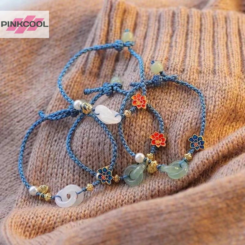 Pinkcool สไตล์ชนเผ่า ดอกไม้ ดอกบัว หยก มุกถัก สร้อยข้อมือ ปรับได้ ทอ สร้อยข้อมือ สําหรับผู้หญิง แฟชั่น เครื่องประดับ อุปกรณ์เสริม ขายดี