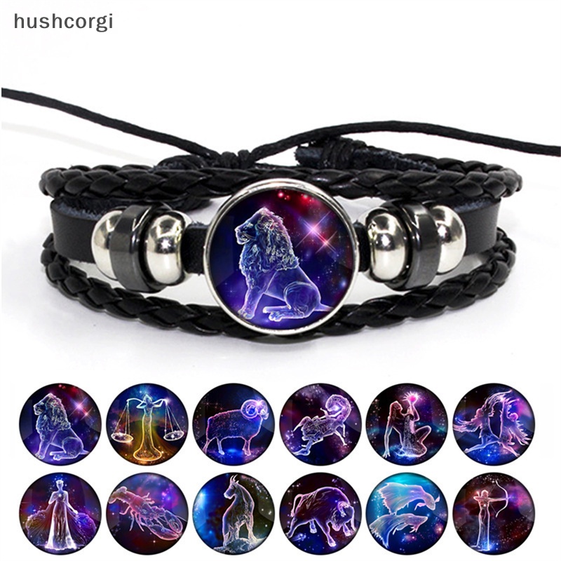 [hushcorgi] สร้อยข้อมือหนังถัก ลายราศี 12 กลุ่มดาว สีดํา สไตล์พังก์