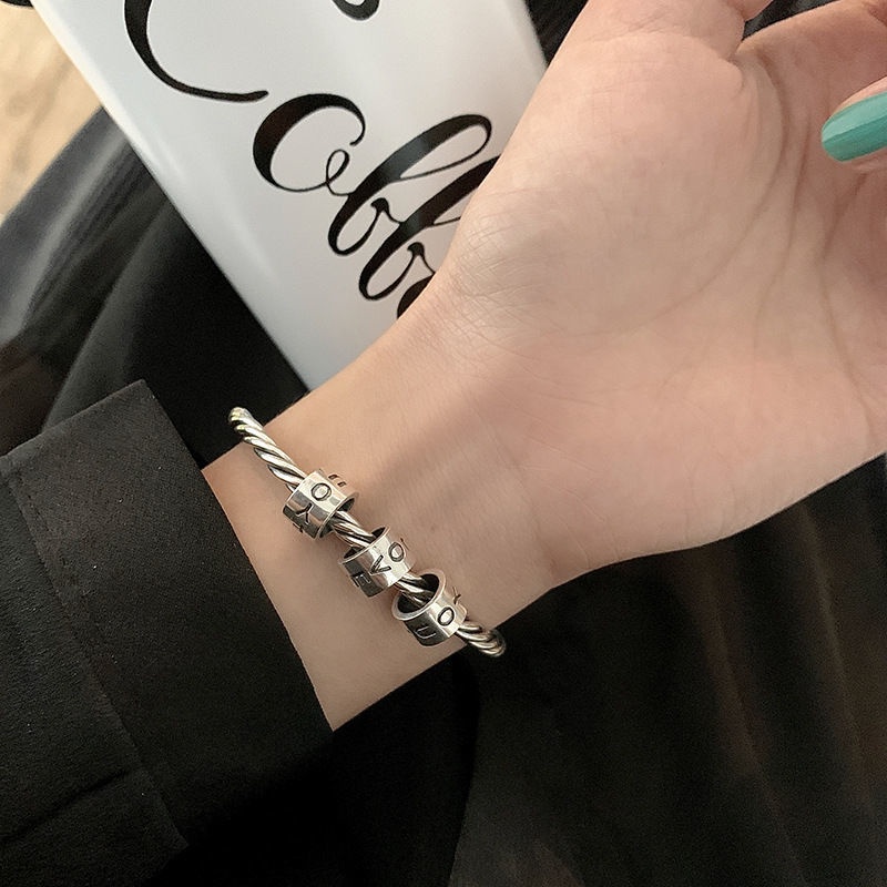 สร้อยข้อมือเงินสเตอร์ลิง แบบถัก ลายตัวอักษรภาษาอังกฤษ สไตล์พังก์ ฮิปฮอป เรโทร สําหรับผู้หญิง