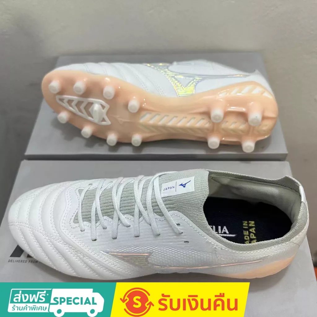 20⭐24 Mizuno Morelia Neo II MD Pearl White FG รองเท้าฟุตบอล ระบายอากาศ สําหรับผู้ชายและผู้หญิง