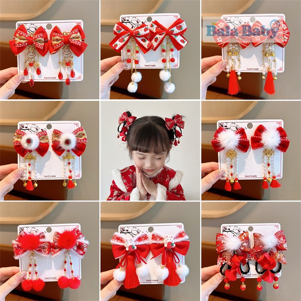กิ๊บติดผมตรุษจีน โบว์ติดผมสีแดง เครื่องประดับสไตล์จีน สำหรับผู้หญิง CJ27