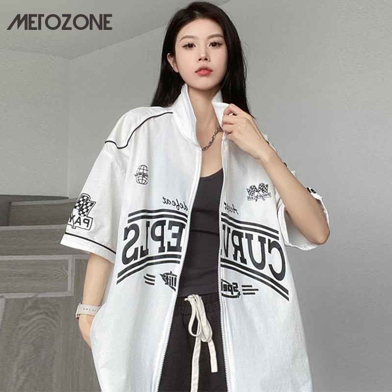 Metozone เสื้อยืด เสื้อคาร์ดิแกน แขนสั้น คอสูง มีซิป สไตล์เรโทร อเมริกัน ฤดูร้อน แบบบาง