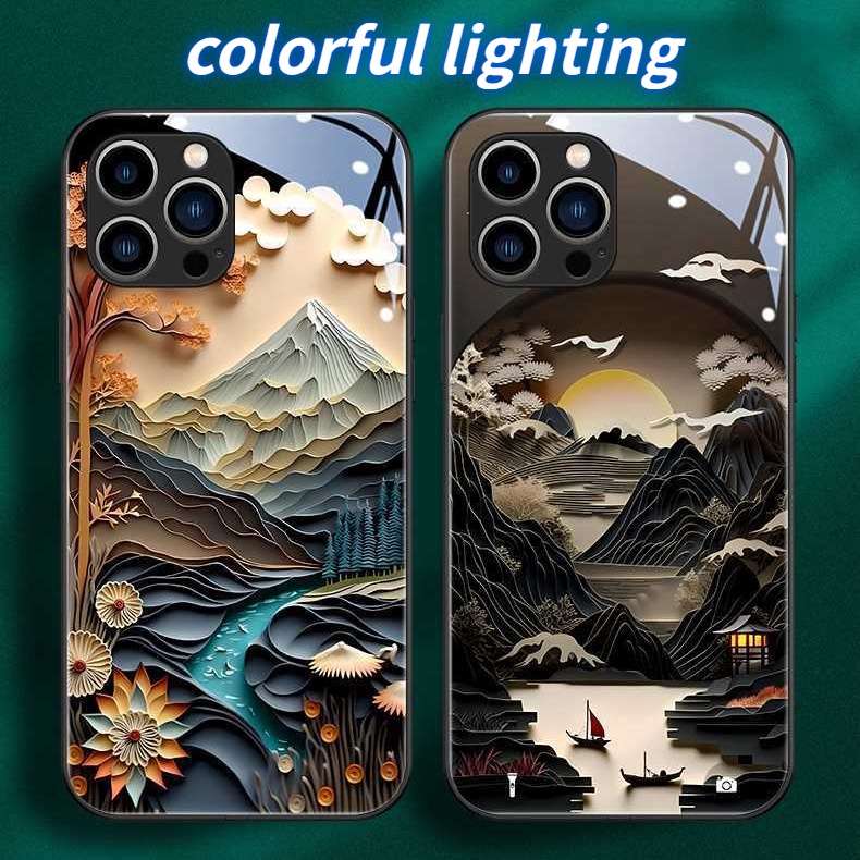 SAMSUNG Origami Mountainแก้วLED light Glowเคสโทรศัพท์สําหรับSamsungเคสโทรศัพท์S21+ S21ULTRA S22 S22U