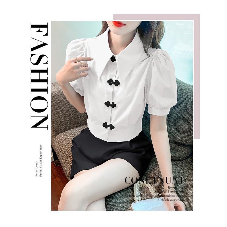 เสื้อเชิ้ตแขนพัฟ ผ้าชีฟอง ขนาดเล็ก สีฟ้า สีกากี แฟชั่นฤดูร้อน สไตล์ตะวันตก สําหรับผู้หญิง