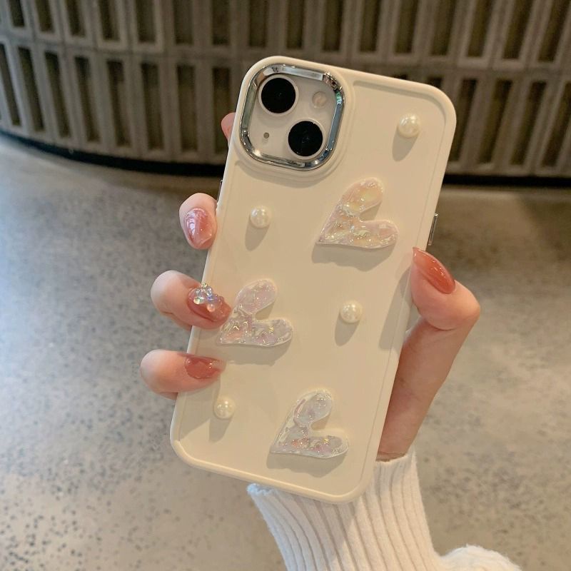 เคสโทรศัพท์มือถือ แบบนิ่ม ลายหัวใจ ประดับมุก สีเงิน สําหรับ IPhone 11 1213 Pro MAX X XR XS MAX SE Apple 7 Plus 8 Plus IPhone 14 15 Pro