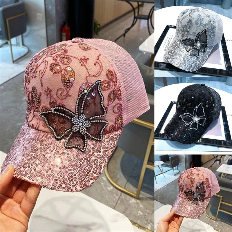 [AIYU] หมวกเบสบอลลําลอง ปักเลื่อมผีเสื้อ วิบวับ สไตล์ฮิปฮอป แฟชั่นสําหรับผู้หญิง