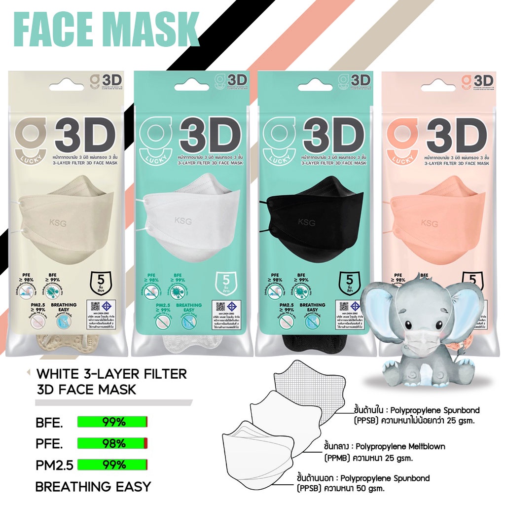 [KSG Official Genuinel] G LUCKY 3D หน้ากากอนามัย ทรง 3 มิติ หนา 3 ชั้น Face Mask 3-Layer (แพ็ค 5 แผ่น)