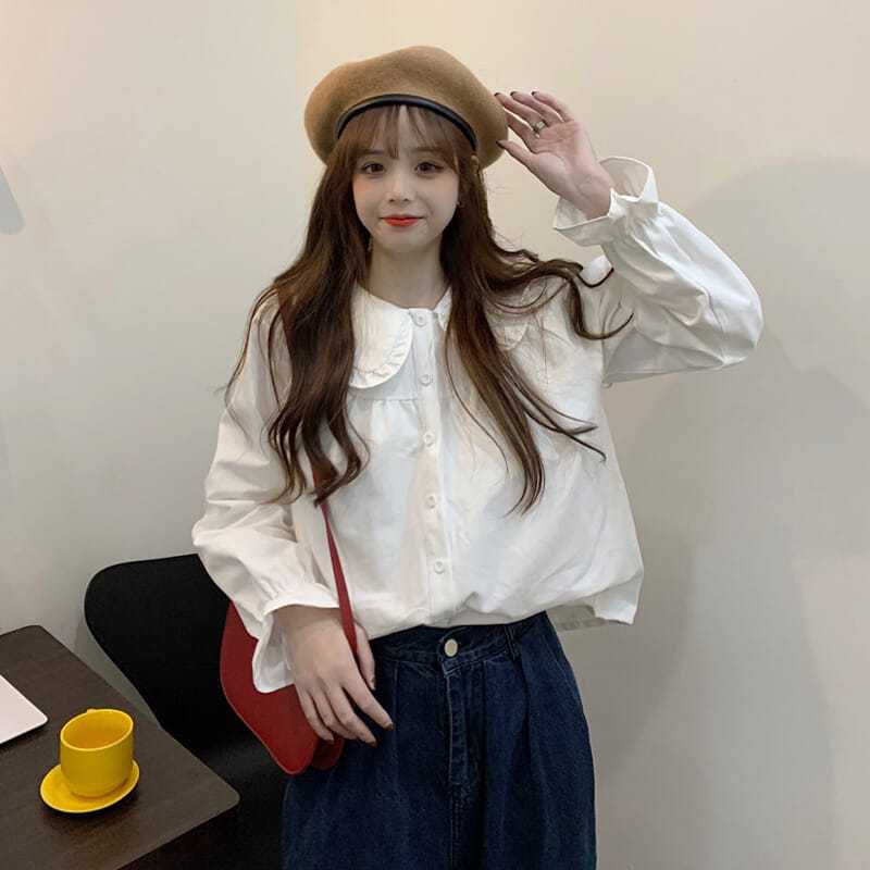 เสื้อเชิ้ตแขนยาว คอตุ๊กตา สีขาว แฟชั่นฤดูใบไม้ผลิ และฤดูใบไม้ร่วง สําหรับผู้หญิง