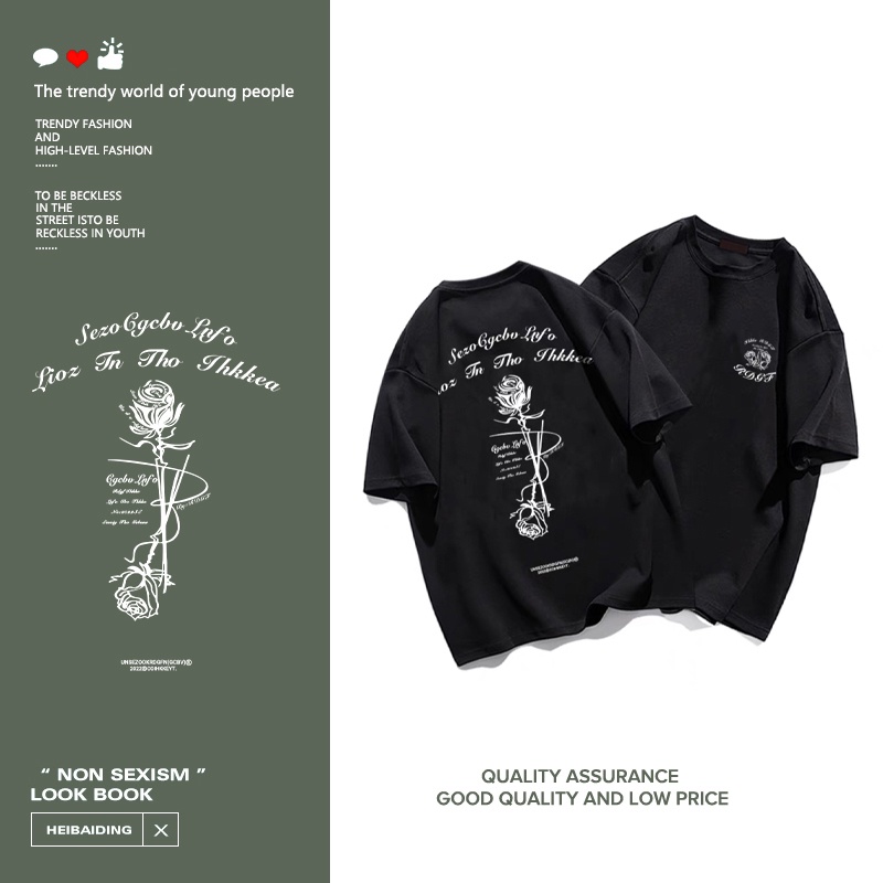 (พร้อมจัดส่ง) print T-shirt สุภาพสตรีดอกกุหลาบพิมพ์หลวมคอแขนสั้นoversize D0037 S-5XL