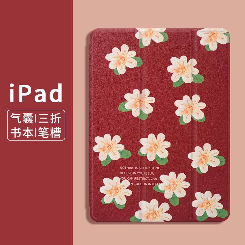 เคสแท็บเล็ต ลายการ์ตูนดอกไม้ ใบไม้สีเขียว สีแดง พร้อมช่องใส่ปากกา สําหรับ iPad gen 10 Air4 Air5 10.9 Pro11 2020 2021 iPad gen9 gen8 gen7 mini 6