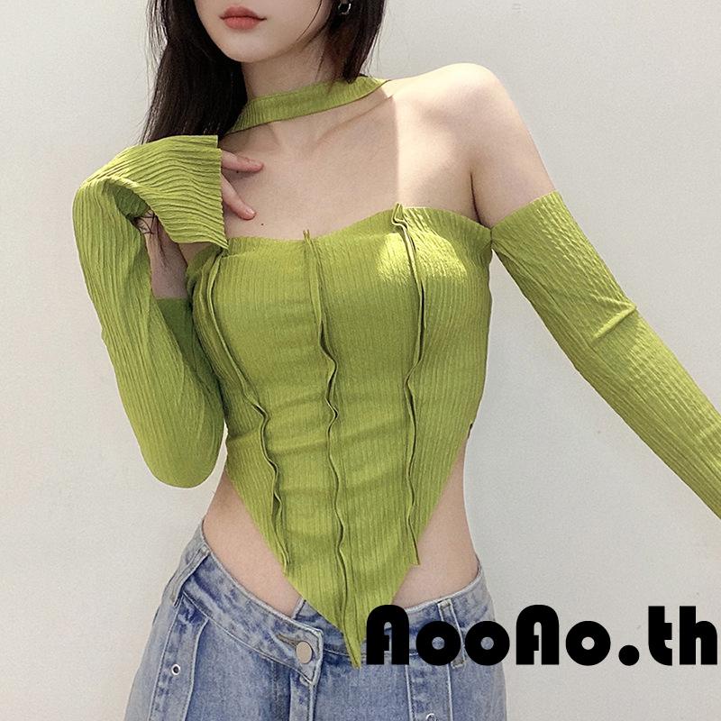Aooao-เสื้อครอปท็อป เปิดไหล่ แขนยาว สีพื้น สําหรับผู้หญิง