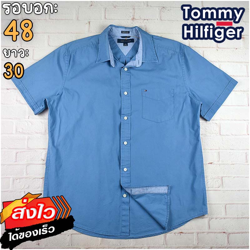Tommy Hilfiger®แท้ อก 48 เสื้อเชิ้ตผู้ชาย ทอมมี่ ฮิลฟิกเกอร์ สีฟ้าคราม แขนสั้น เนื้อผ้าดี