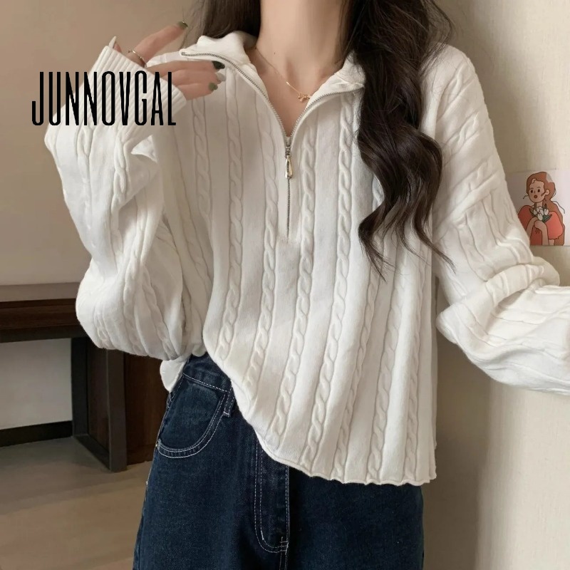 Junnovgal ใหม่ เสื้อกันหนาวลําลอง แขนยาว คอปก ผ้าถัก สีพื้น ทรงสลิมฟิต สําหรับผู้หญิง 2024